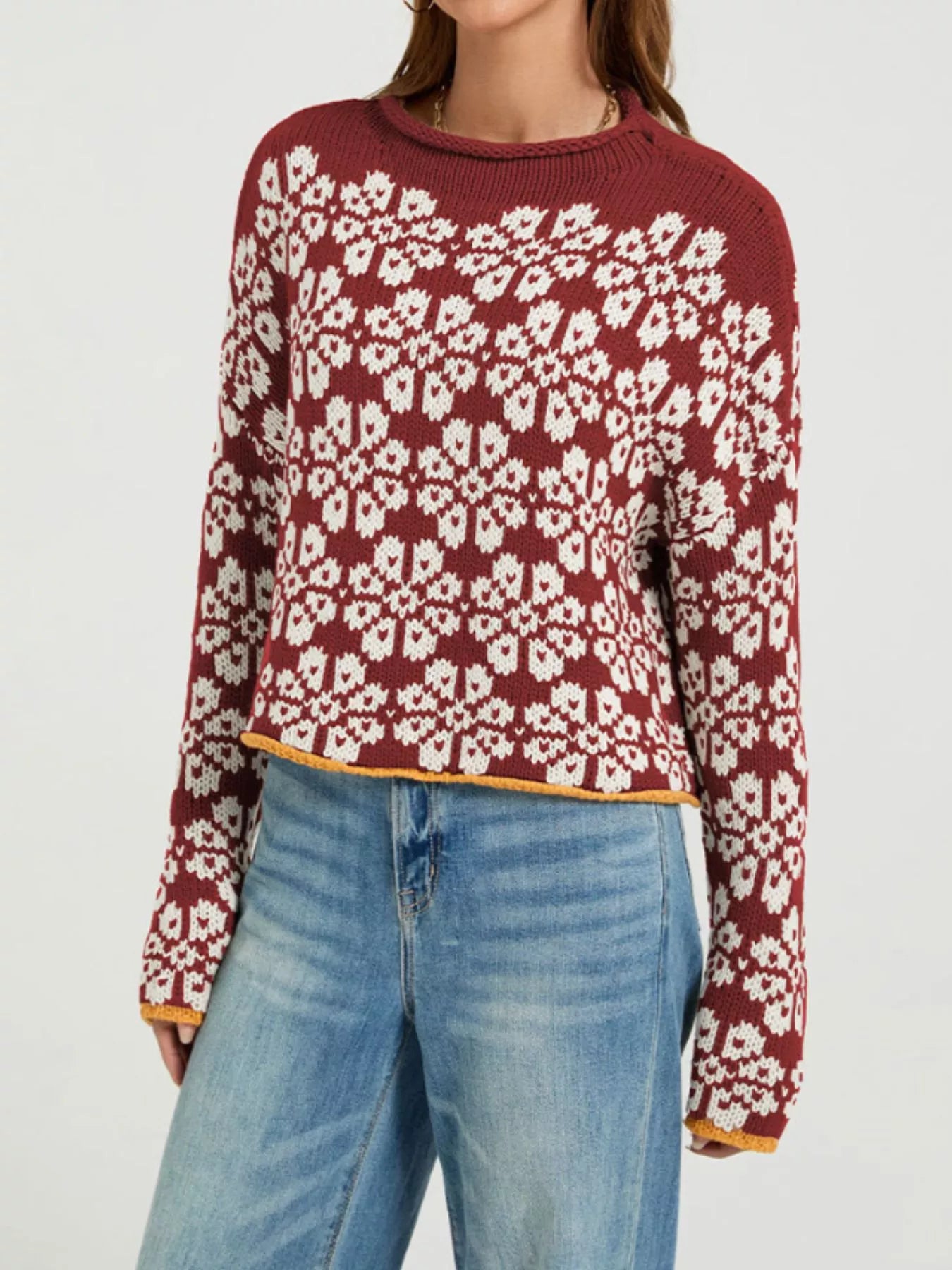 Trendsi Floral Contrast Trim Dropped Shoulder Sweater -