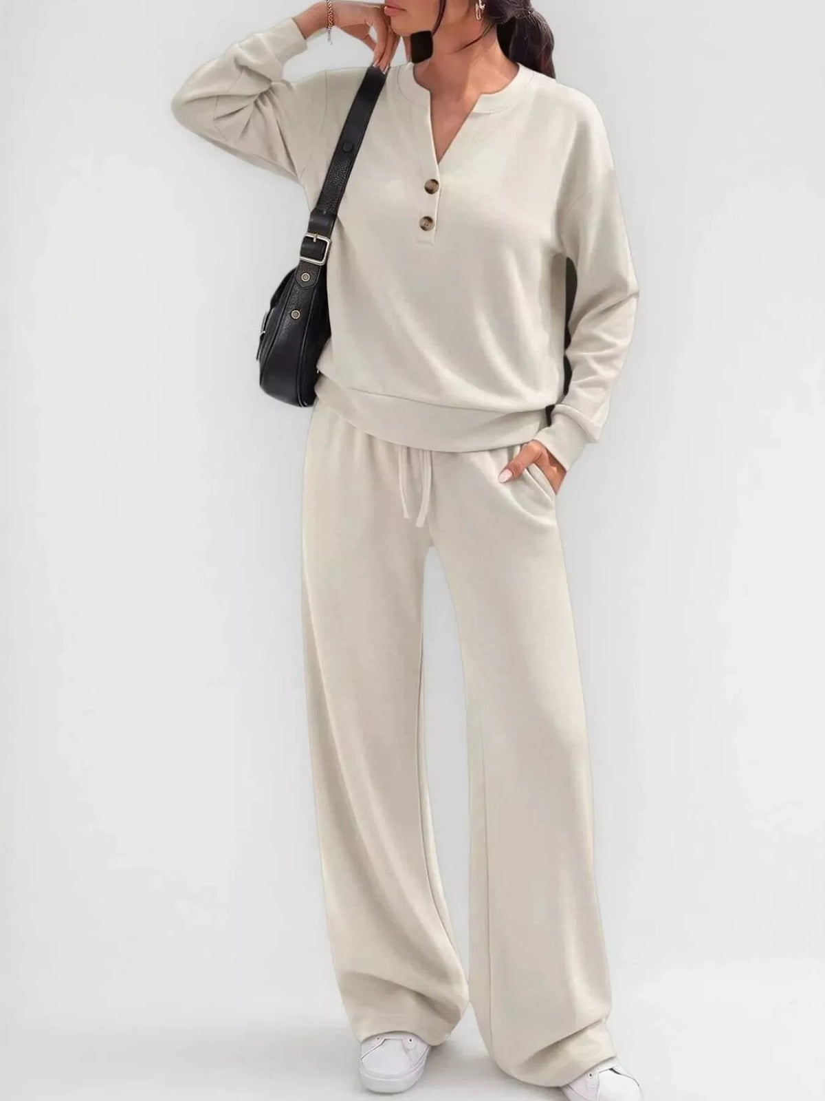 Beige button detail top and wide-leg pants set — front view