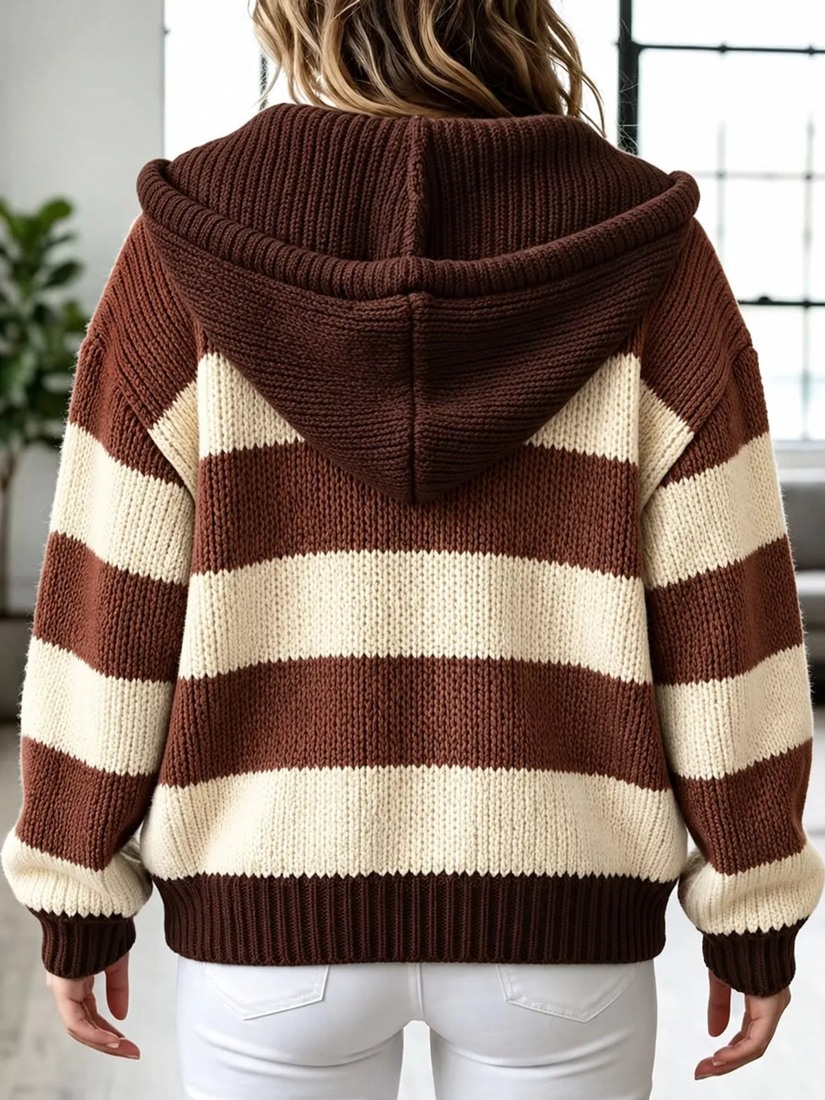 Hooded long sleeve cardigan, back view