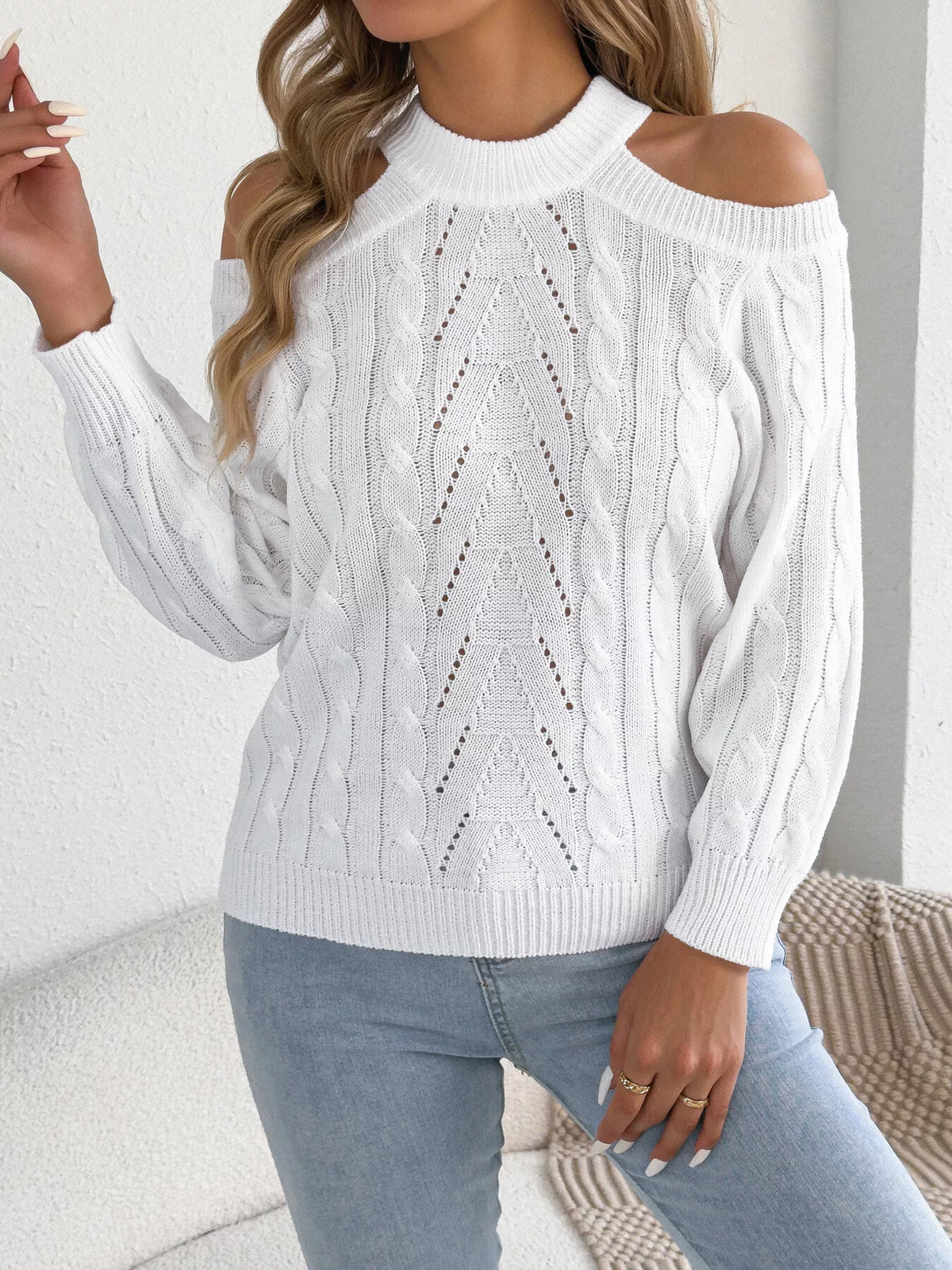 Cold Shoulder Cable Knit Sweater in white, front view