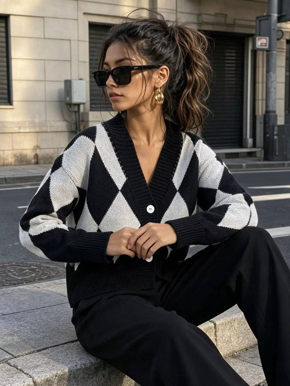Black and white argyle v-neck button-front cardigan, seated front view.