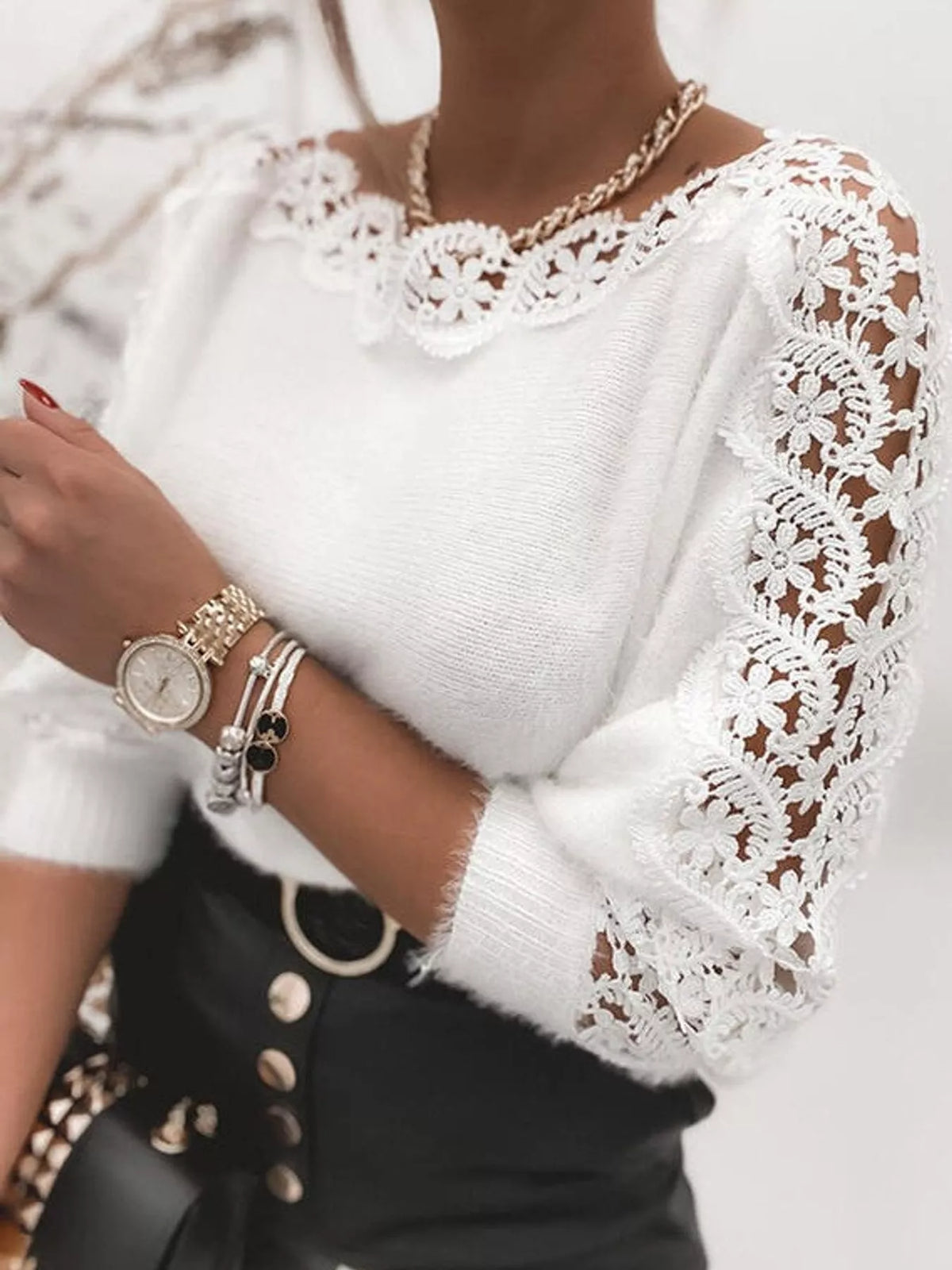 Women's Lace-Trimmed Long Sleeve Sweater in white — side view