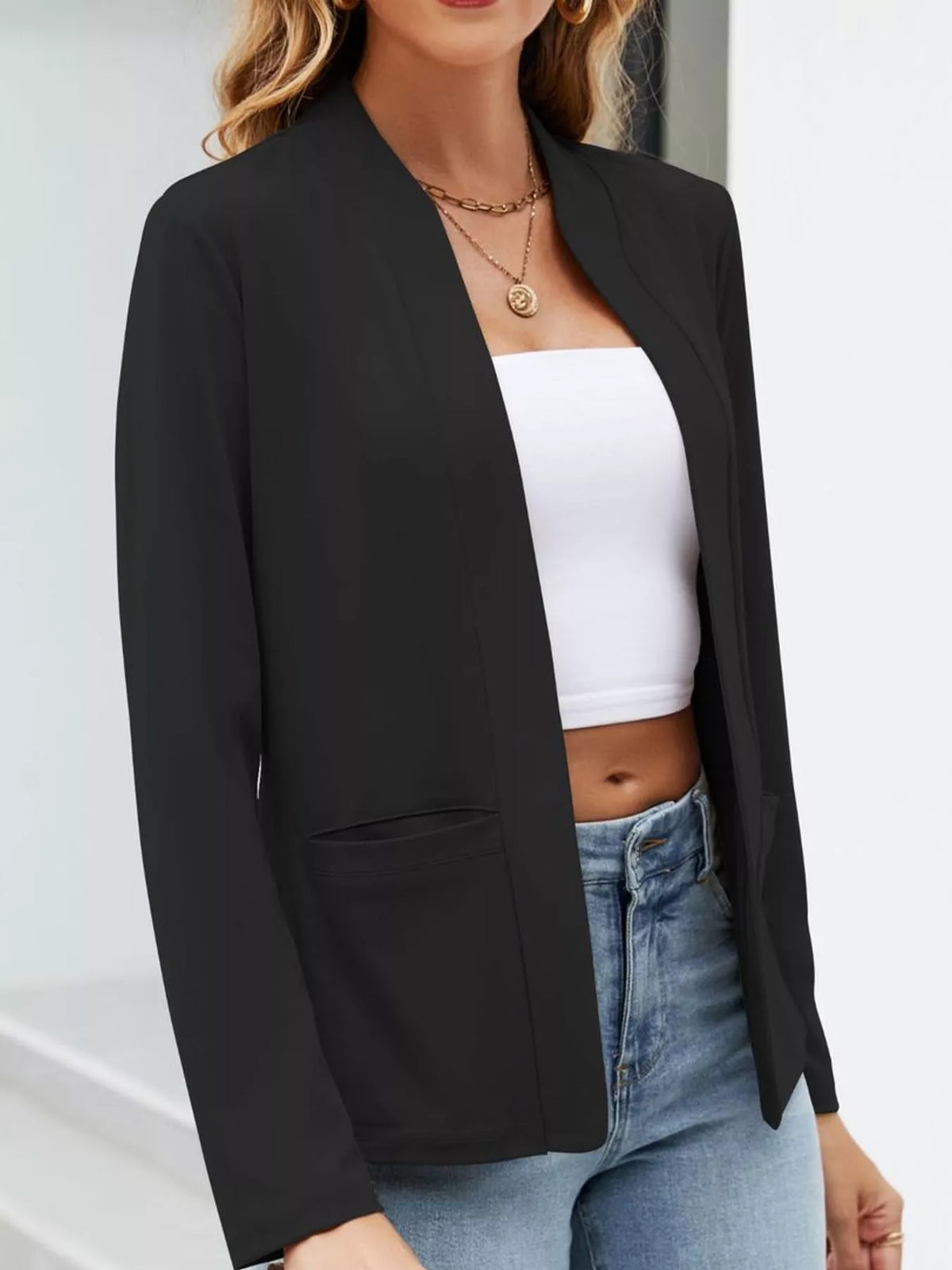 Mandarin neck long sleeve blazer, front view on model