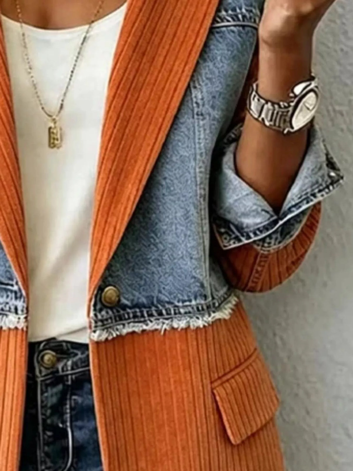 Orange and blue ribbed blazer with contrasting panels, lapel and panel detail