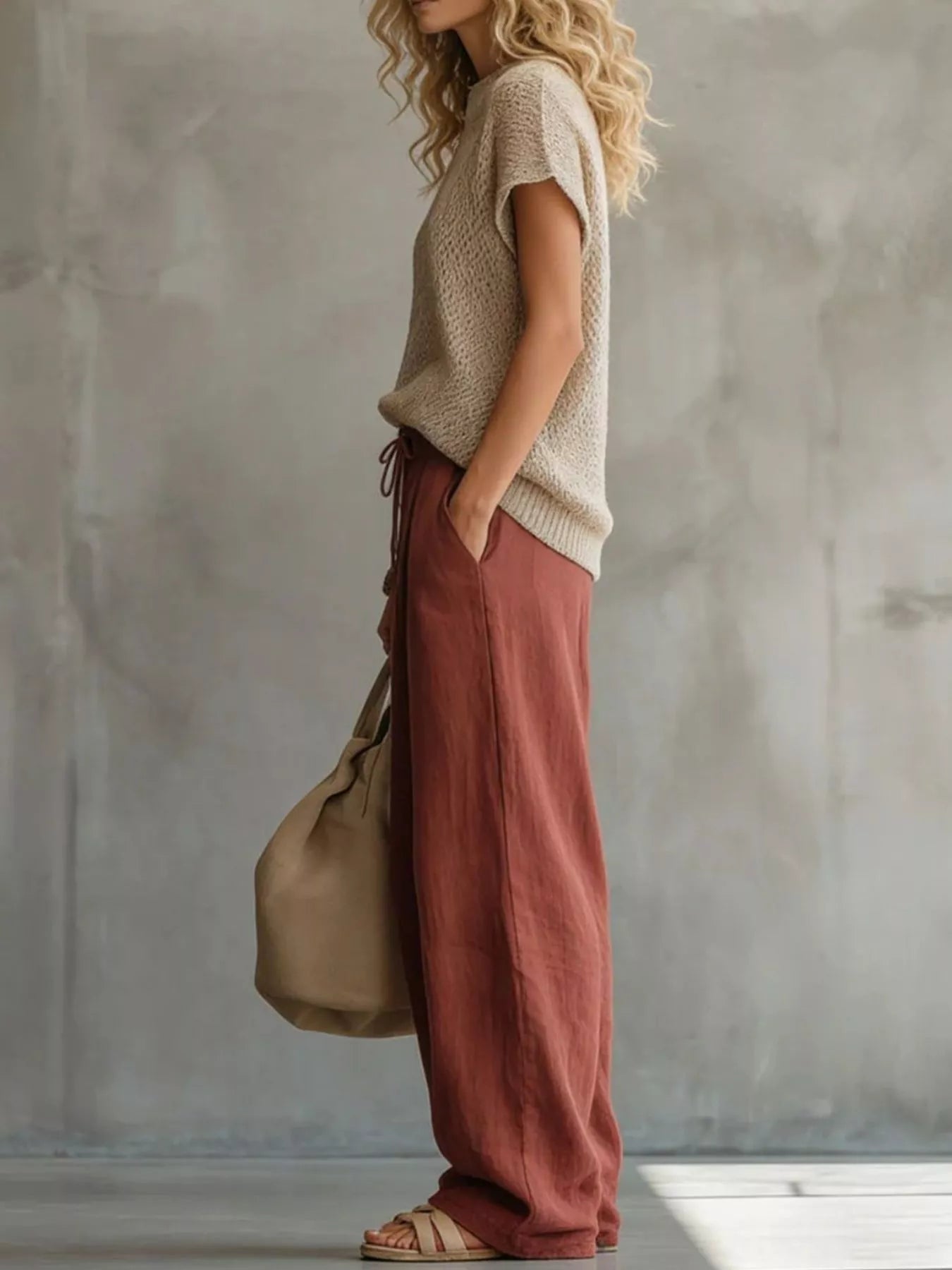 Trendsi Openwork Knit Top and Wide-Leg Pant Set -