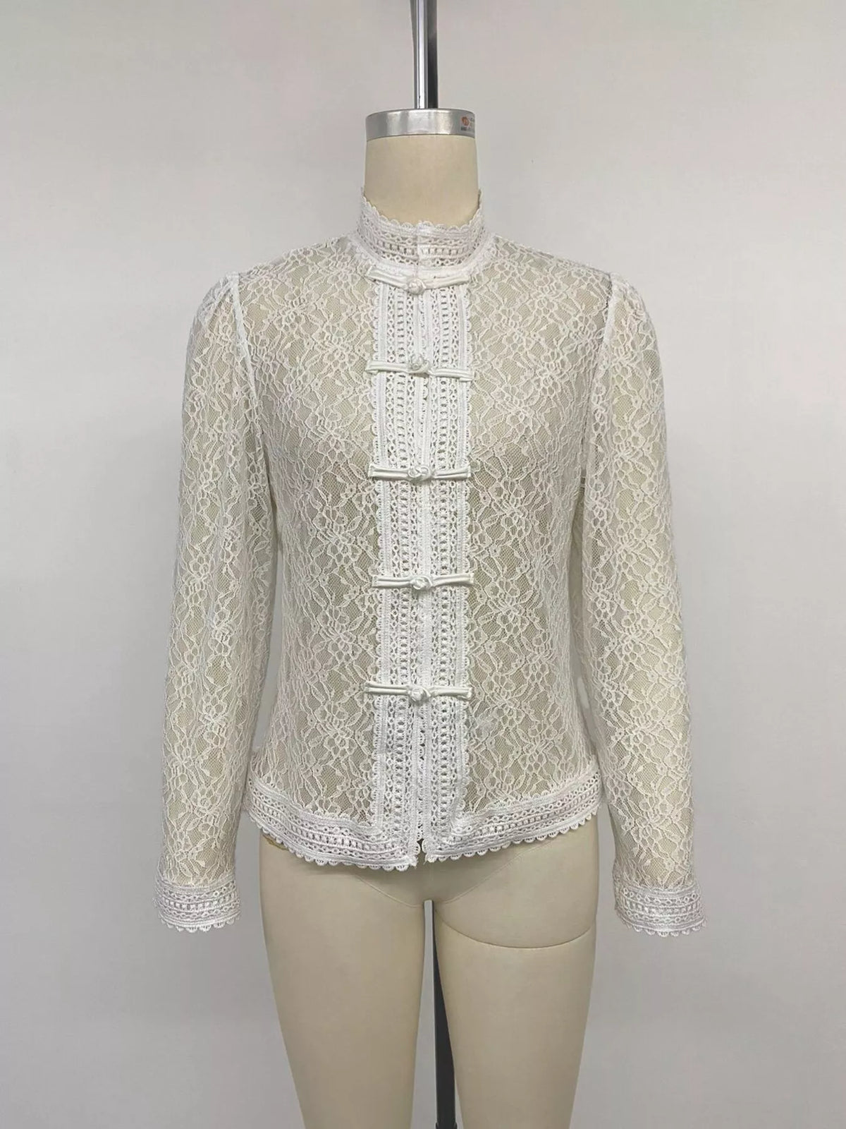 Lace mandarin-collar frog-button shirt