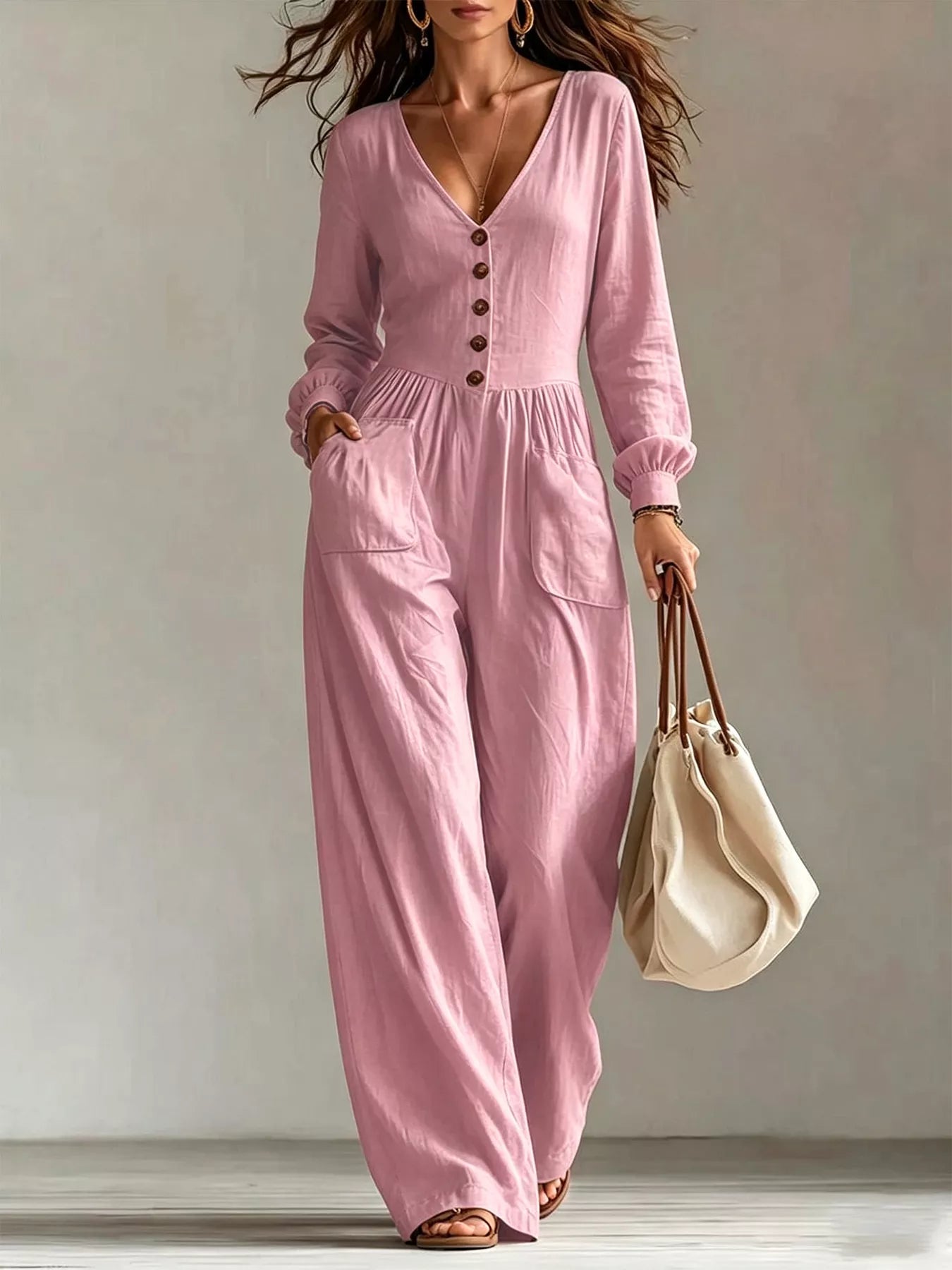 Trendsi V-Neck Long Sleeve Button-Down Wide Leg Jumpsuit -