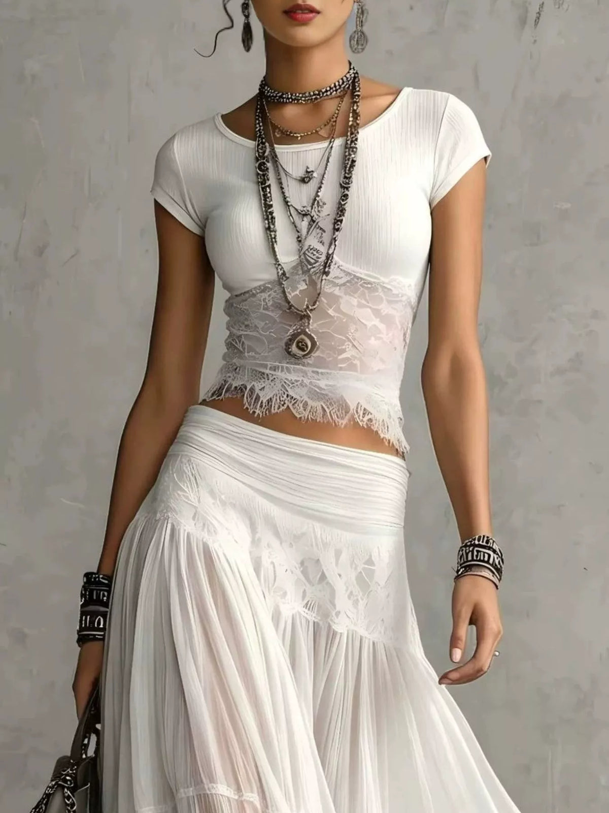 Trendsi Lace Slim Fit Top and Maxi Skirt Set -