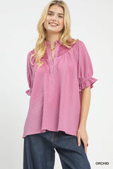 Trendsi Umgee Textured Henley Blouse with Ruffle Cuffs -