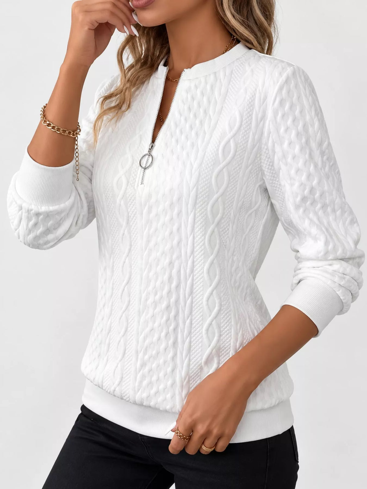 Quarter-Zip Cable Knit Sweatshirt — side view