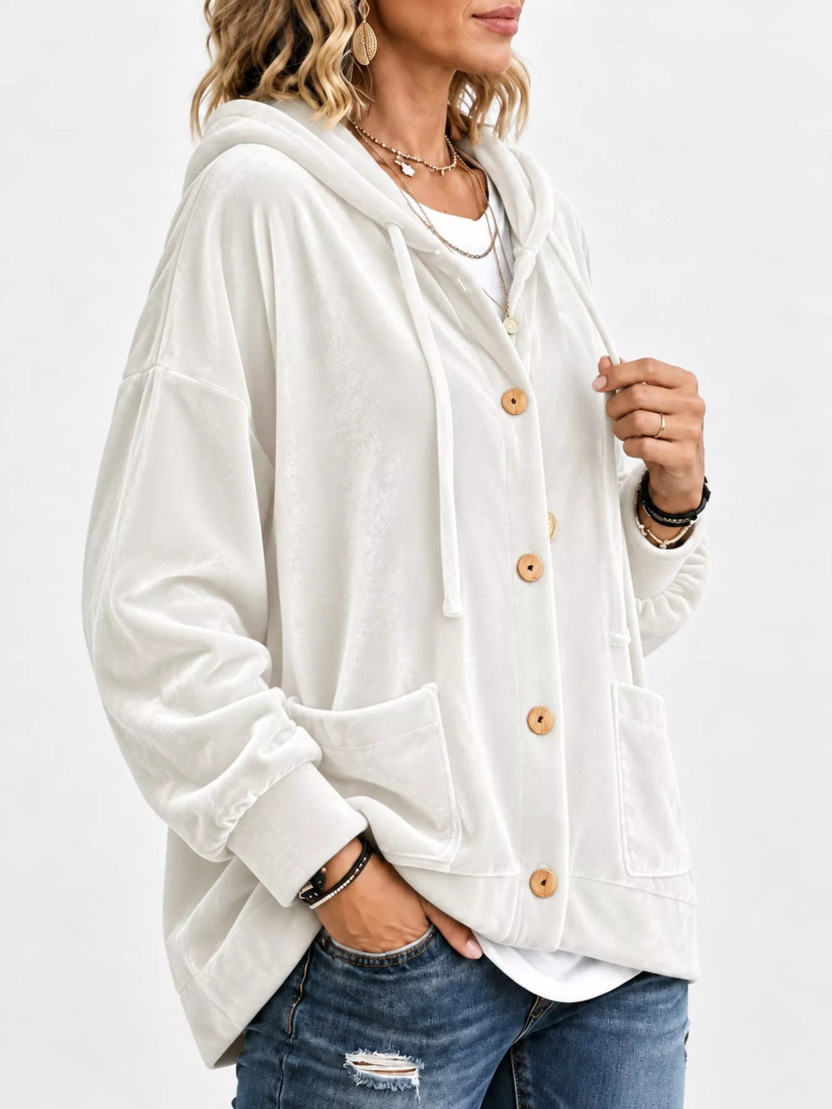 White velvet dropped shoulder hoodie, side view