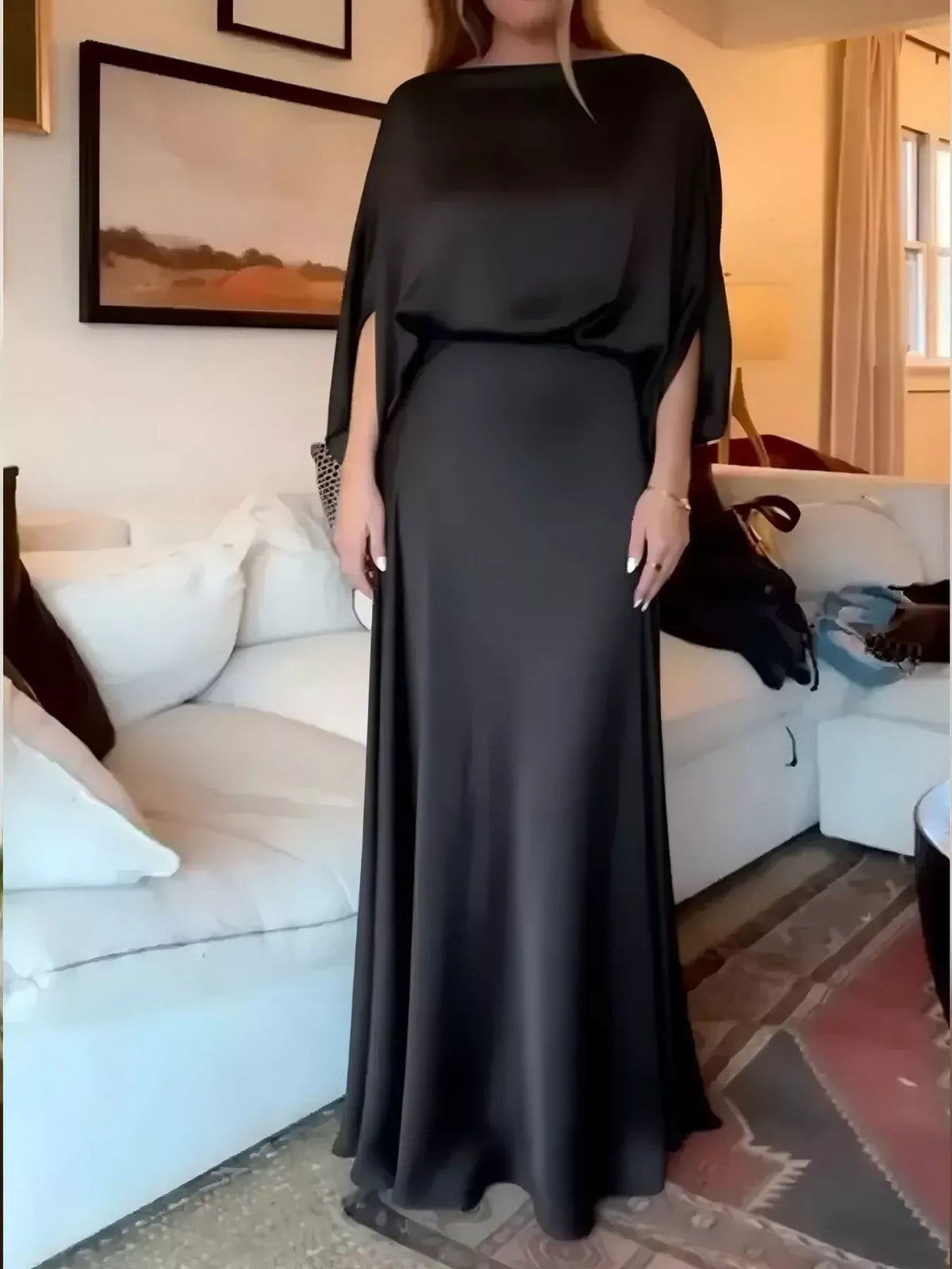 Black satin cape sleeve maxi dress, front view