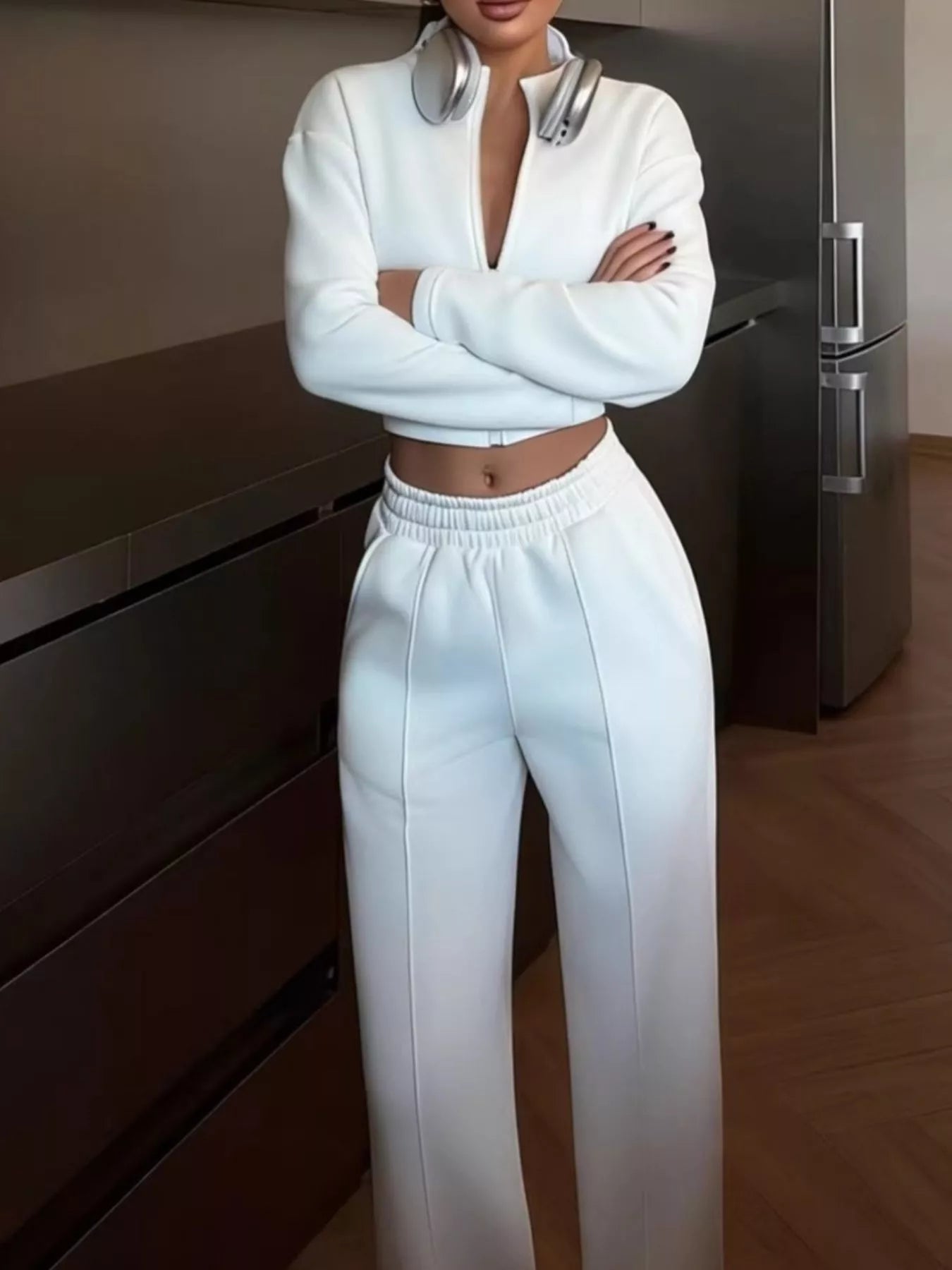 Trendsi Zip-Up Crop Jacket and Wide-Leg Pants Set -