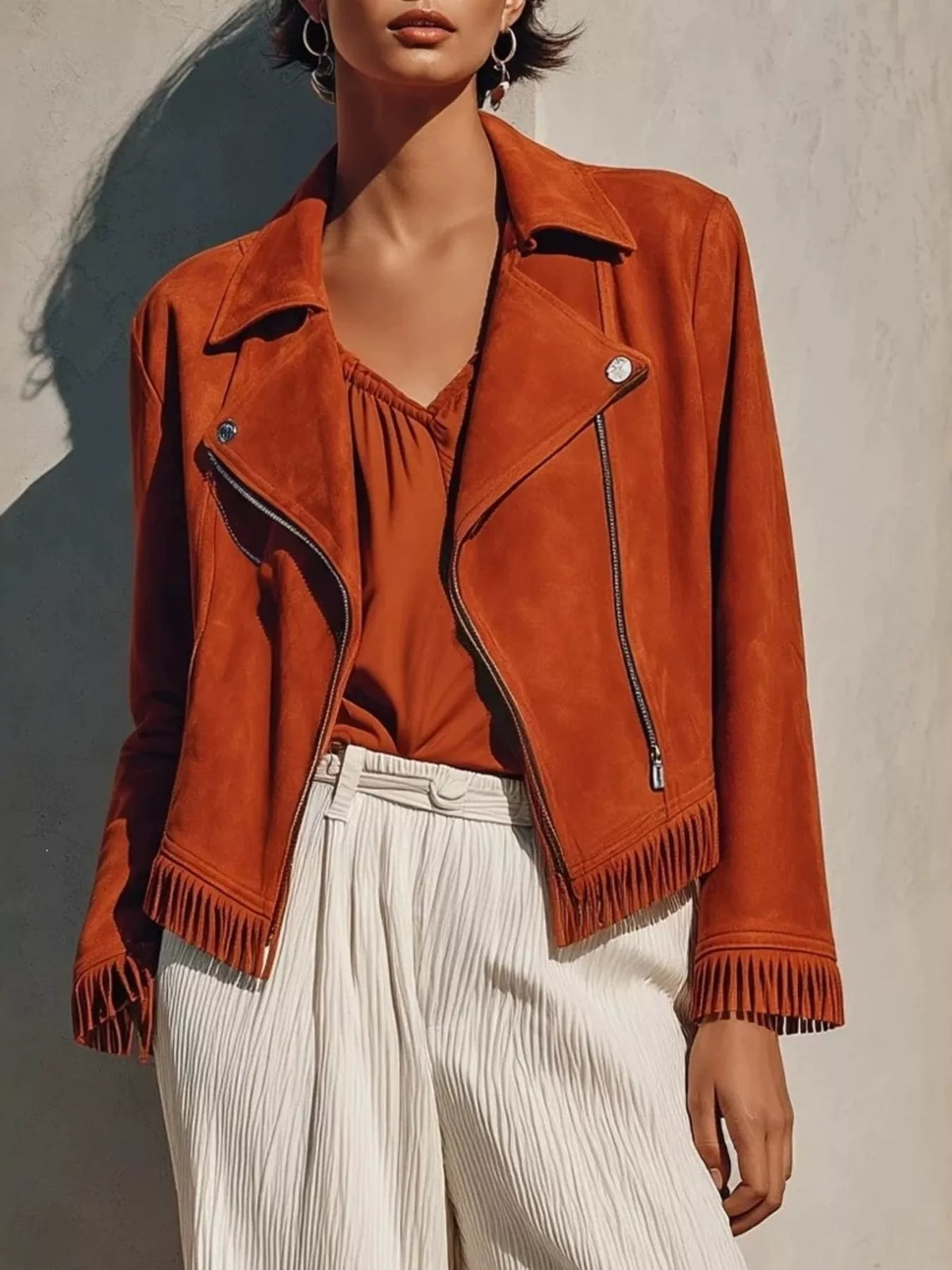 Rust fringe hem zip up jacket