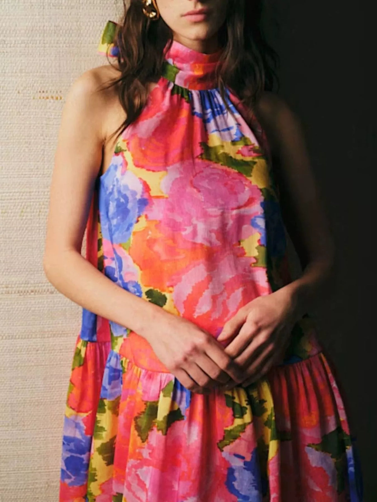 Hot Pink Floral Print Sleeveless Mini Dress with Bow front detail