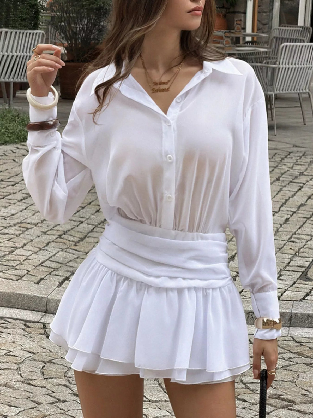 Ruched-Waist Ruffle-Hem Shirt Dress in White