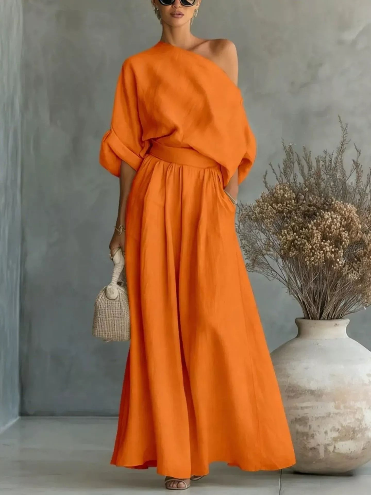 Trendsi Full Size One Shoulder Top and Wide Leg Pants Set Plus Size -
