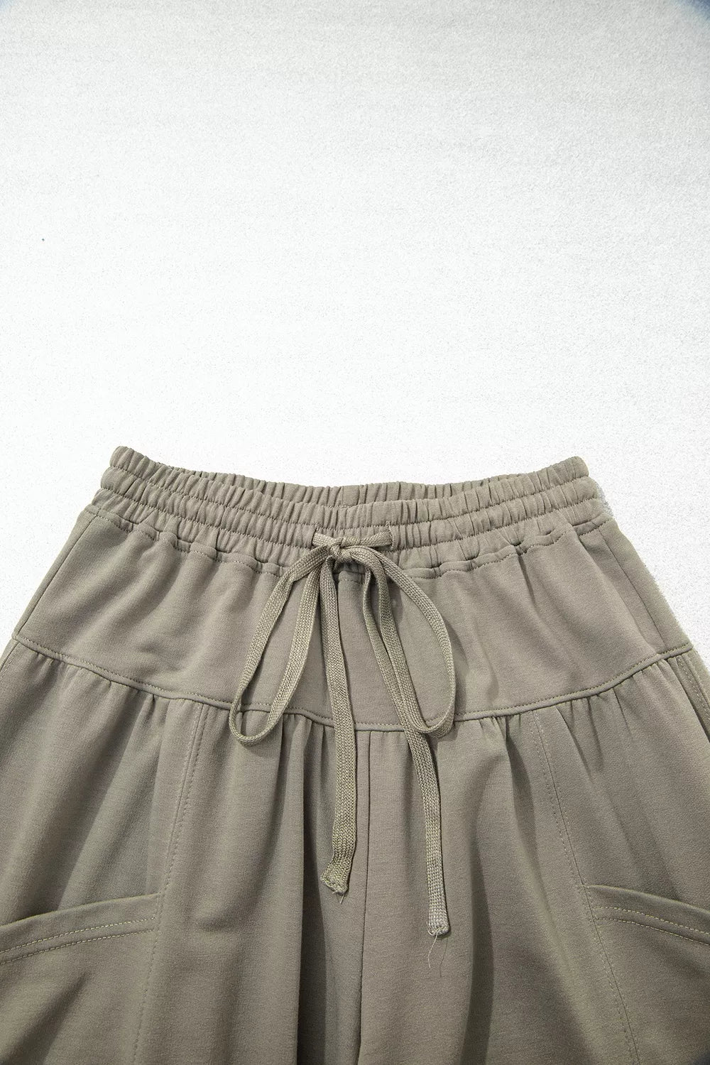 Drawstring Patch Pocket Jogger Pants in gray green, waistband detail