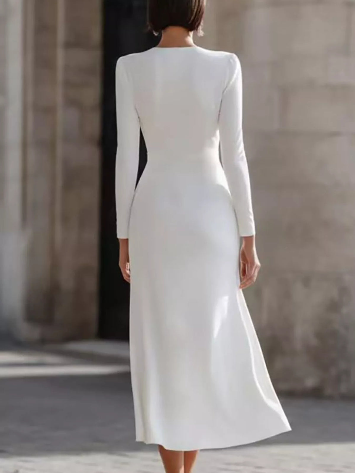 Women's Ruched Long Sleeve Midi Dress in white — back view
