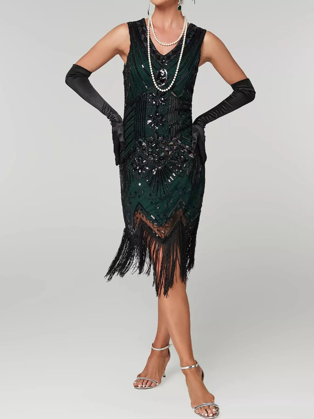 Green sequin fringe-hem dress, front view