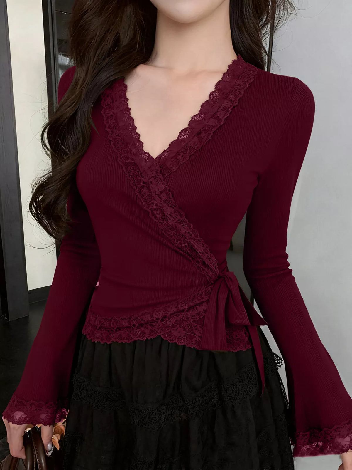Women's Lace Trim Flare Sleeve Blouse in burgundy — front view