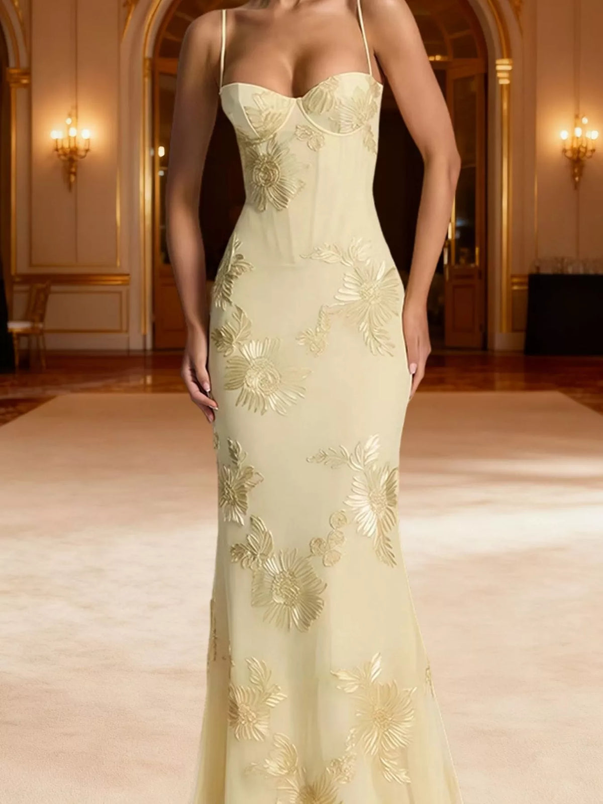 Light yellow floral spaghetti-strap maxi dress