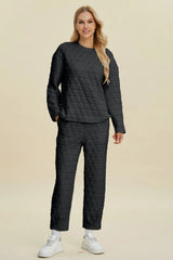Trendsi Double Take Full Size Texture Round Neck Long Sleeve Top and Pants Set -