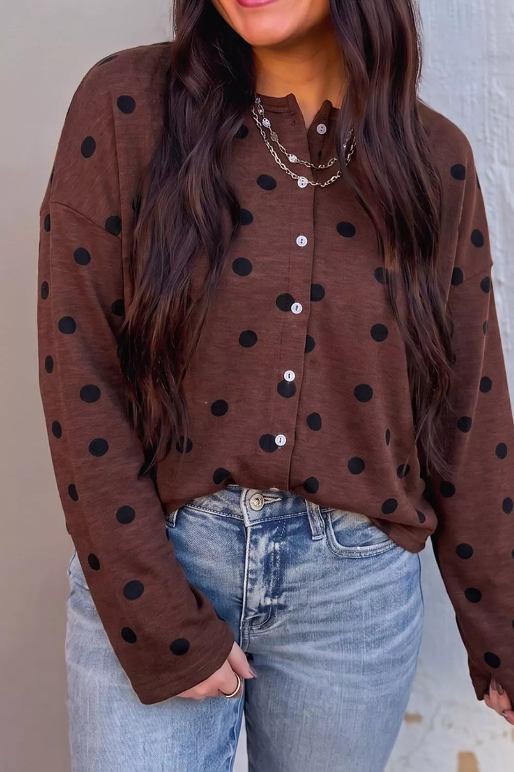 Polka Dot Button Front Long Sleeve Shirt in brown, front view