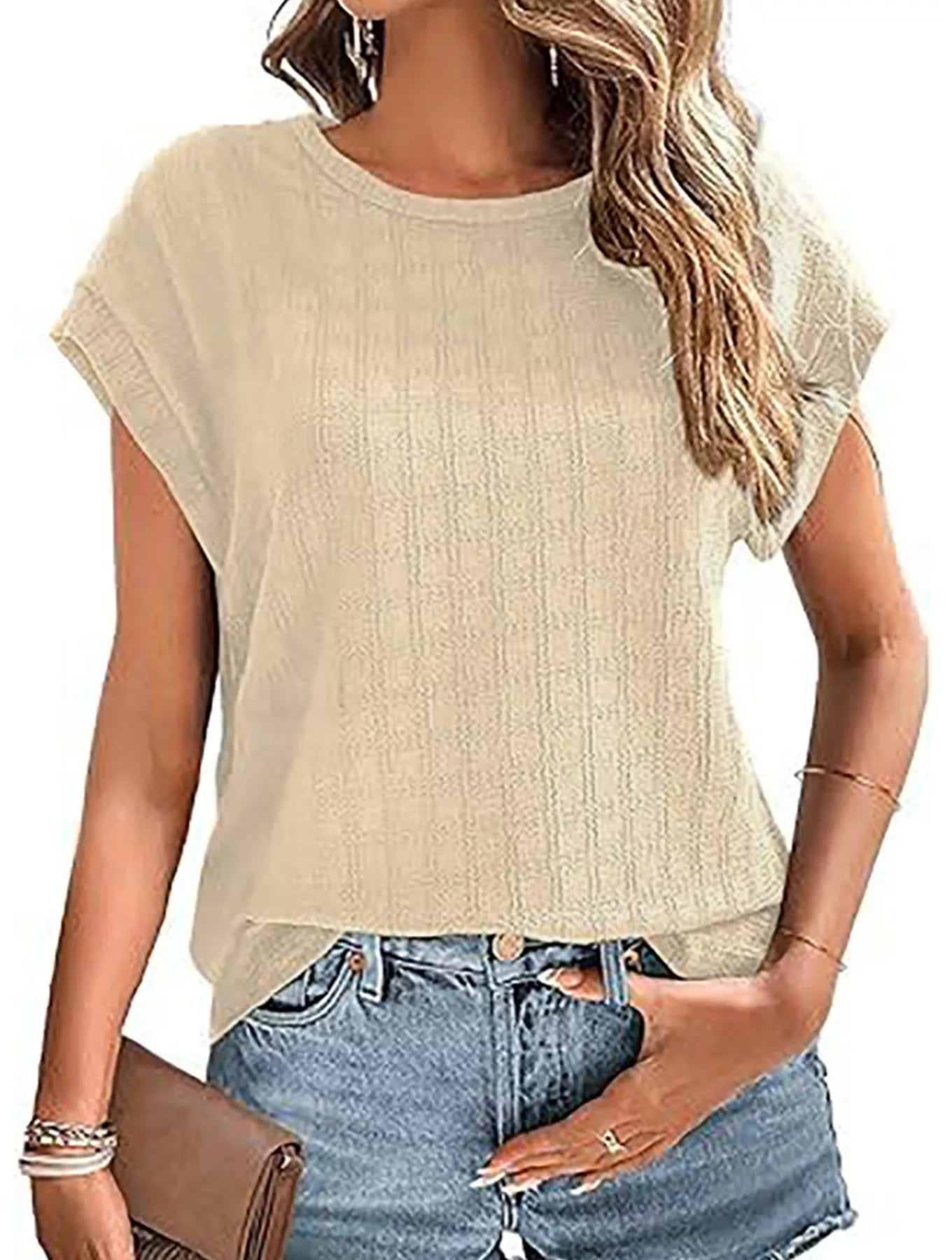 Trendsi Textured Round Neck Short Sleeve Top -