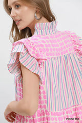 Trendsi Umgee Mix Patchwork Flutter Sleeve Tiered Dress - Dresses