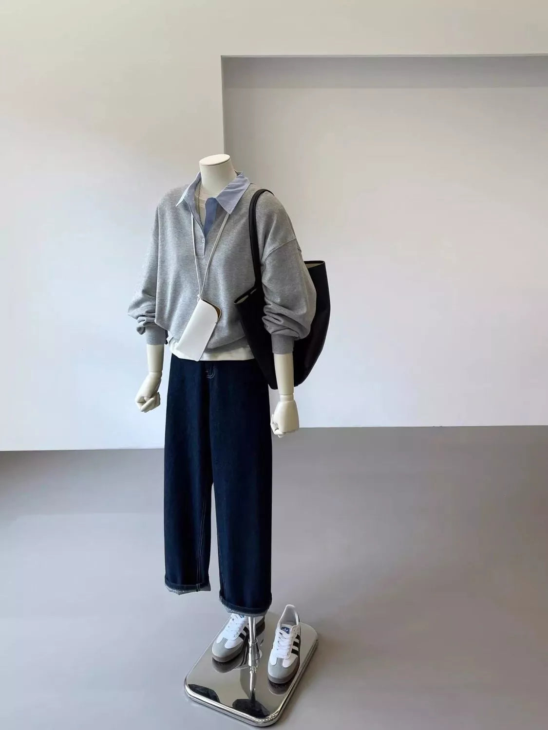 Gray polo-collar layered-look sweatshirt