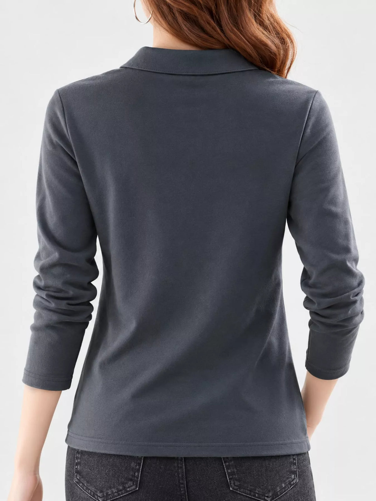 Gray button-down shirt, back view