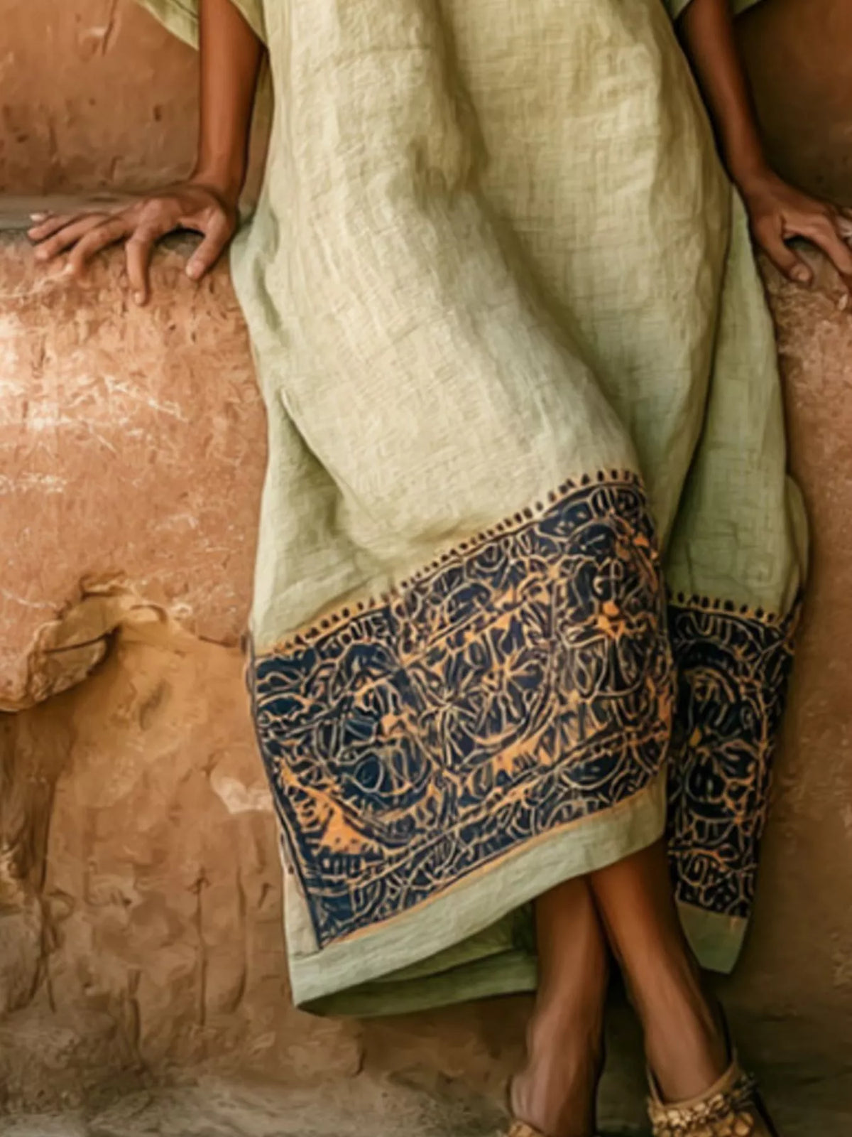 Off-Shoulder Printed Midi Dress in green, hem detail