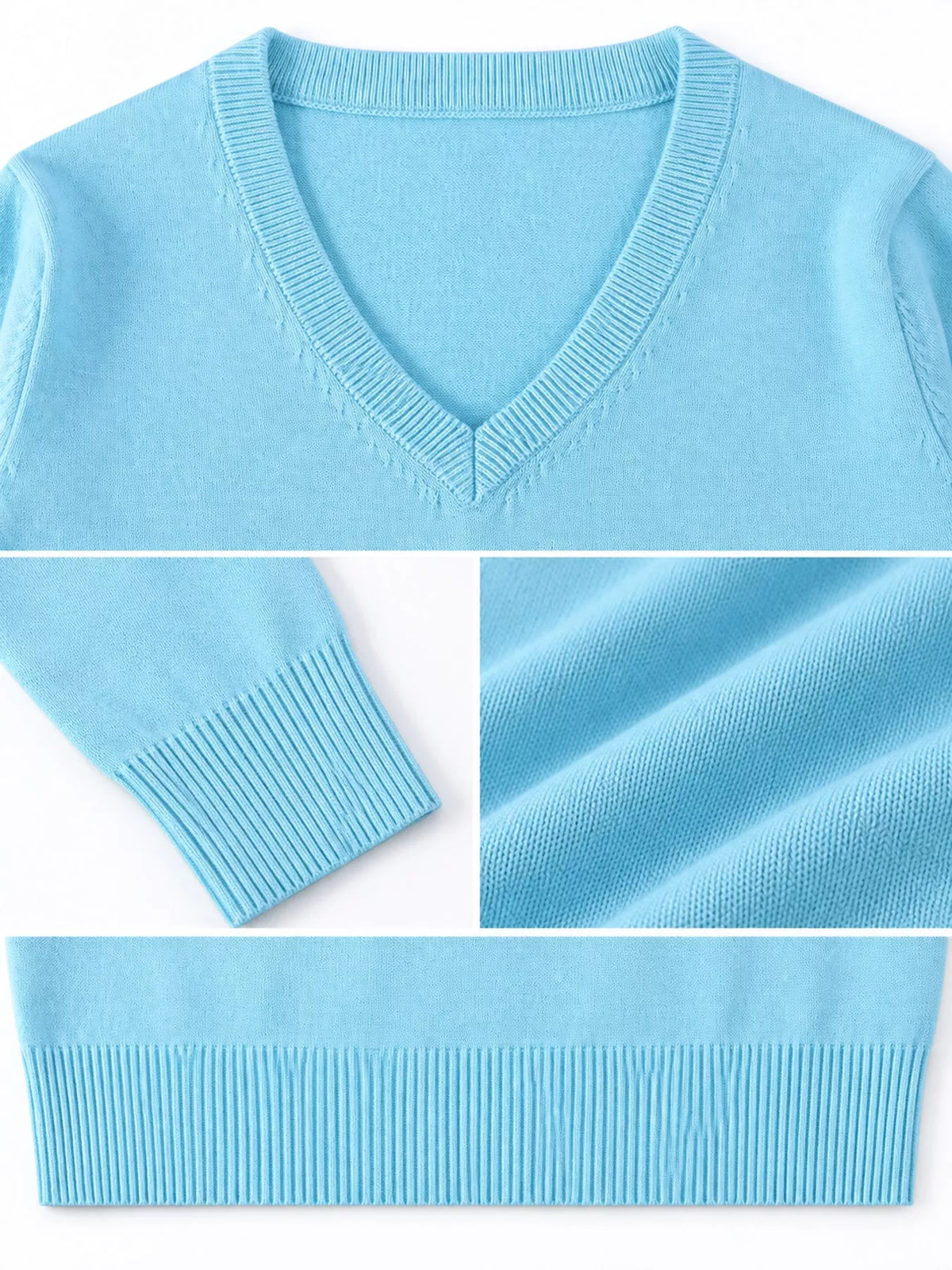 Women's V-Neck Long Sleeve Sweater in blue — detail collage view