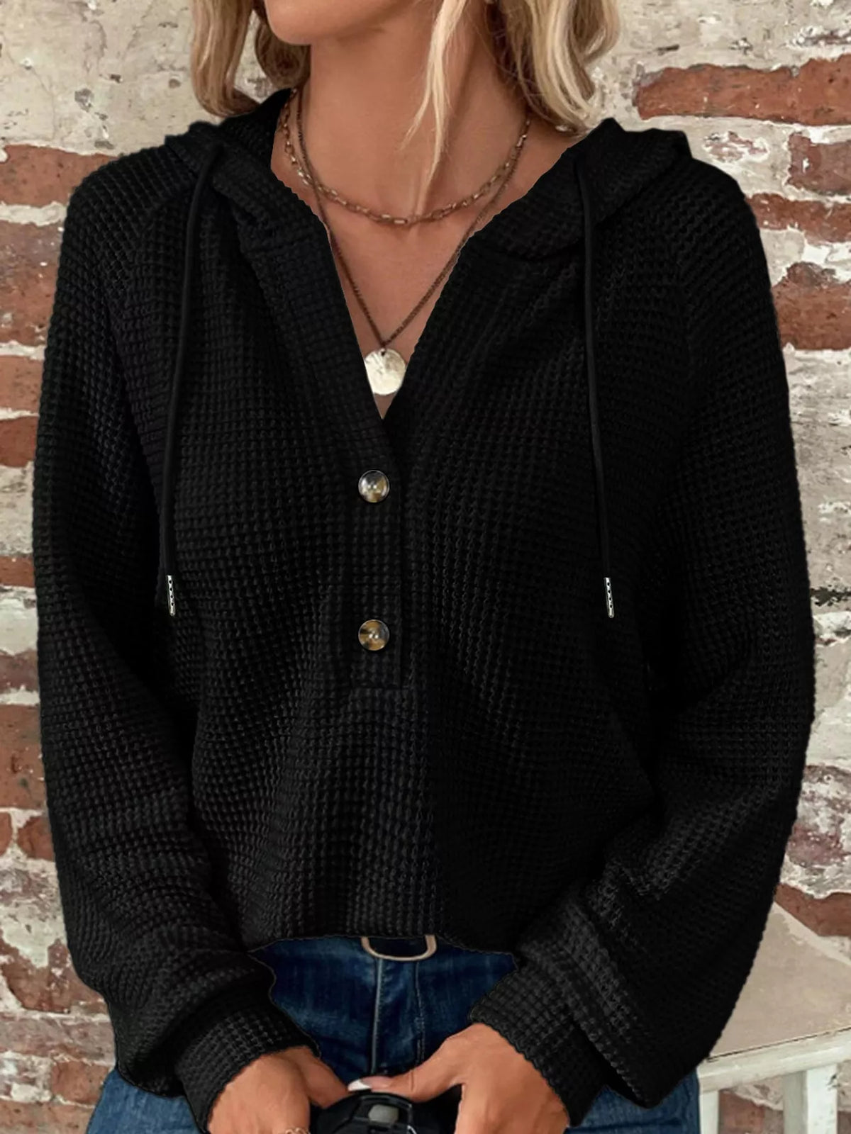 Black waffle knit button-detail hoodie