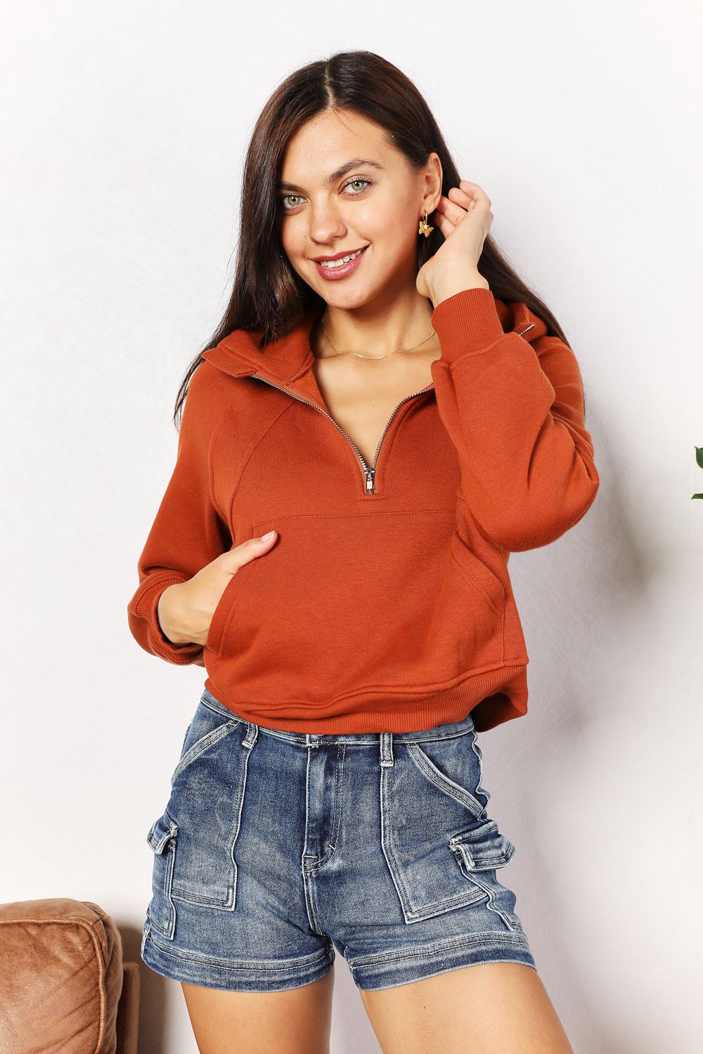 Cropped half-zip long-sleeve hoodie