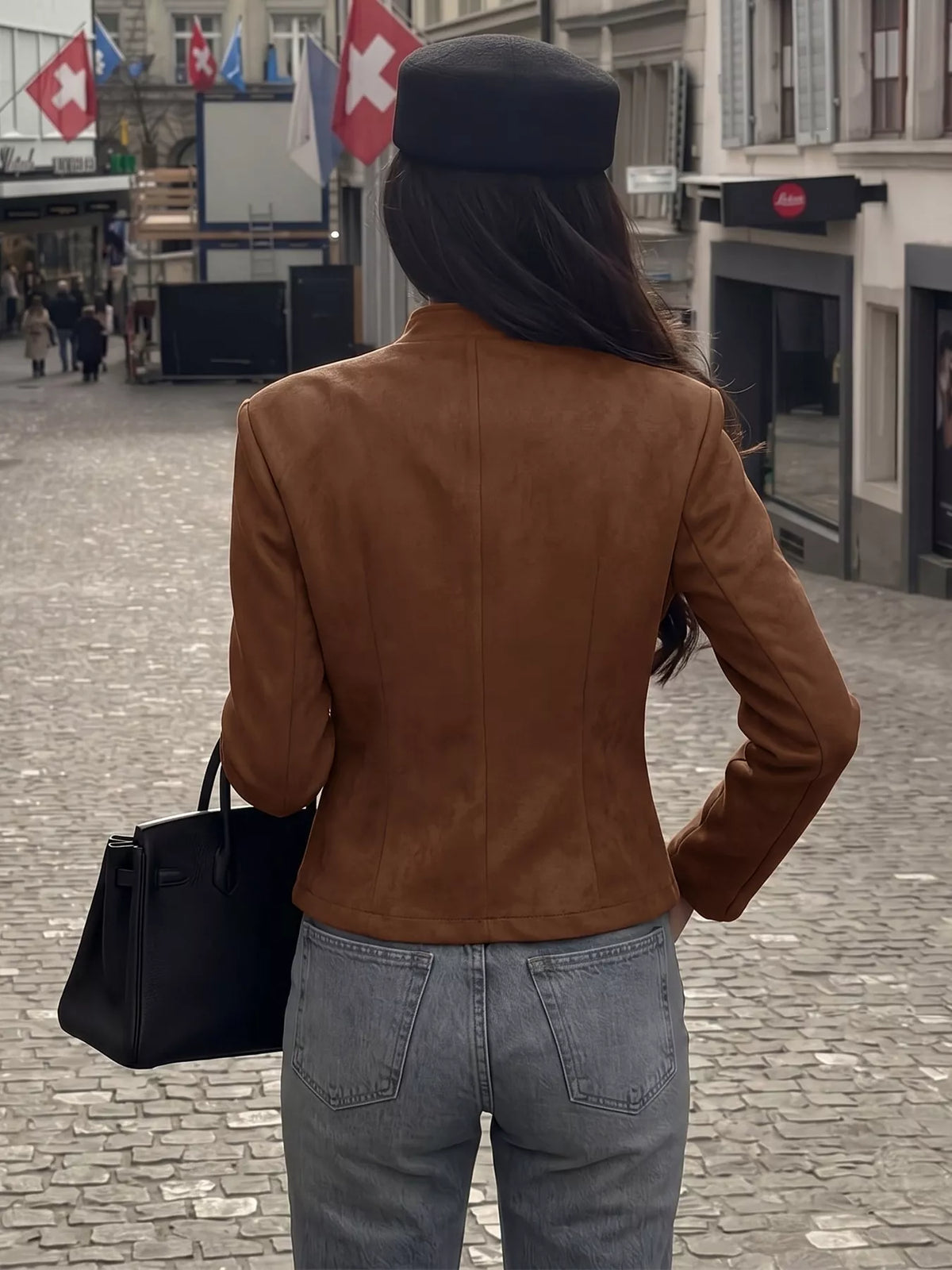 Brown stand collar cropped jacket with decorative buttons, back view
