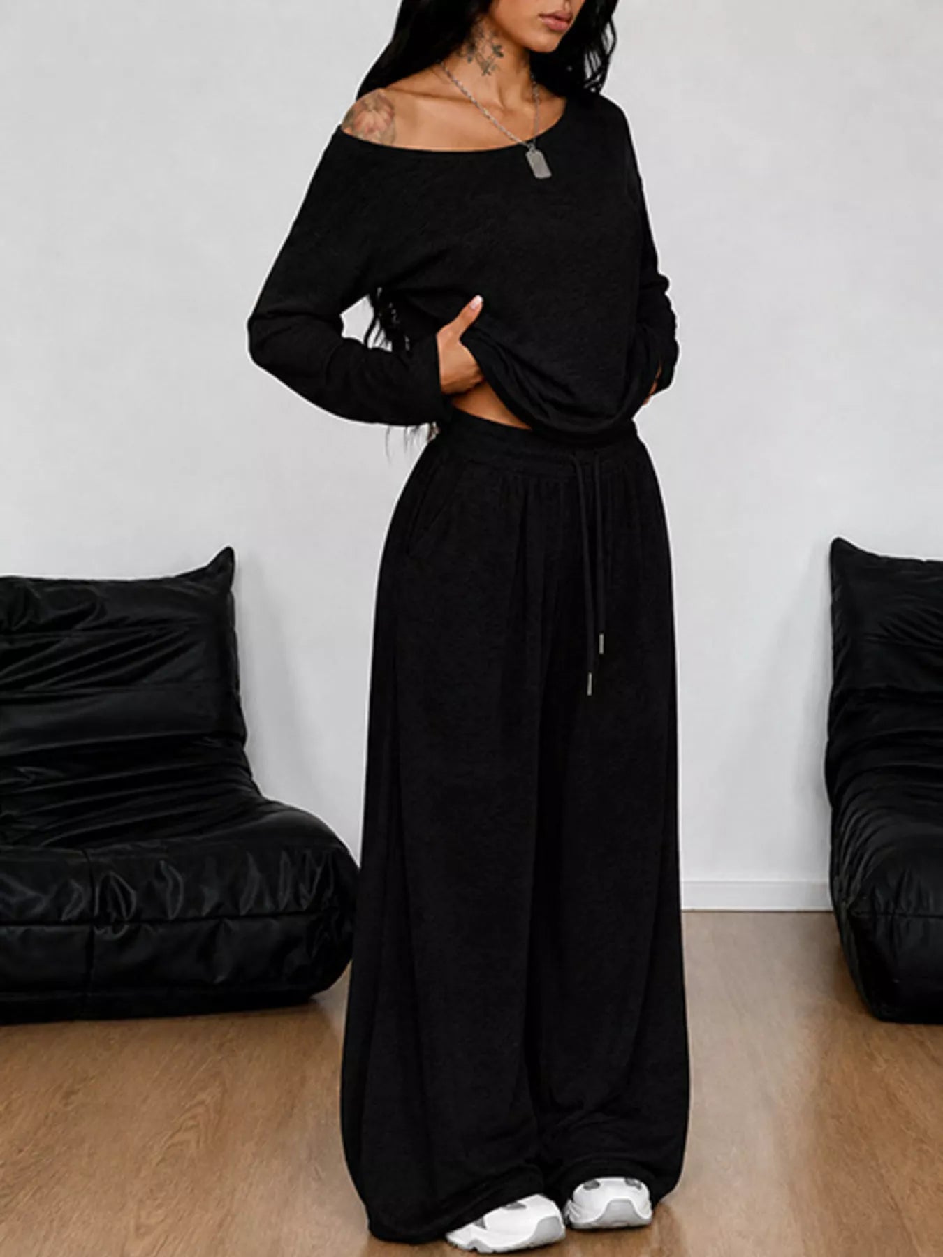 Trendsi Full Size One-Shoulder Top and Drawstring Pants Set Plus Size -