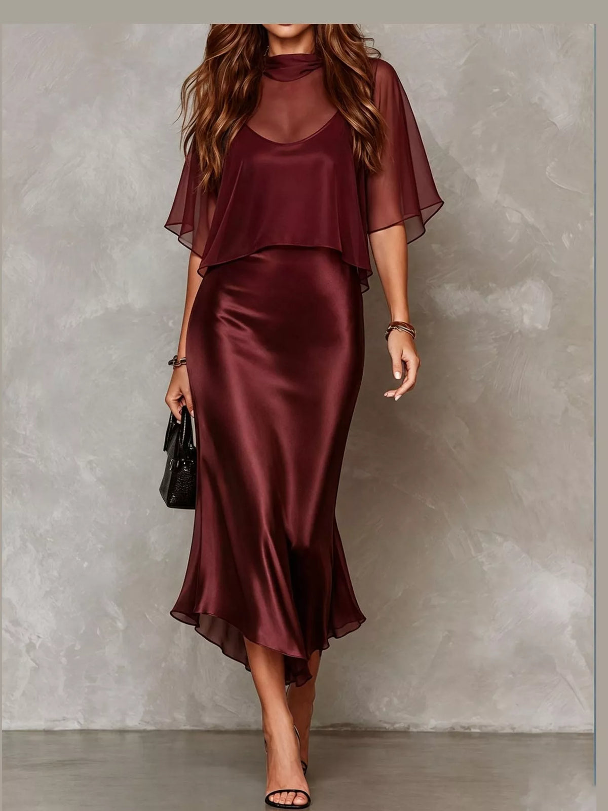 Burgundy satin cami dress and sheer cover up set — front view