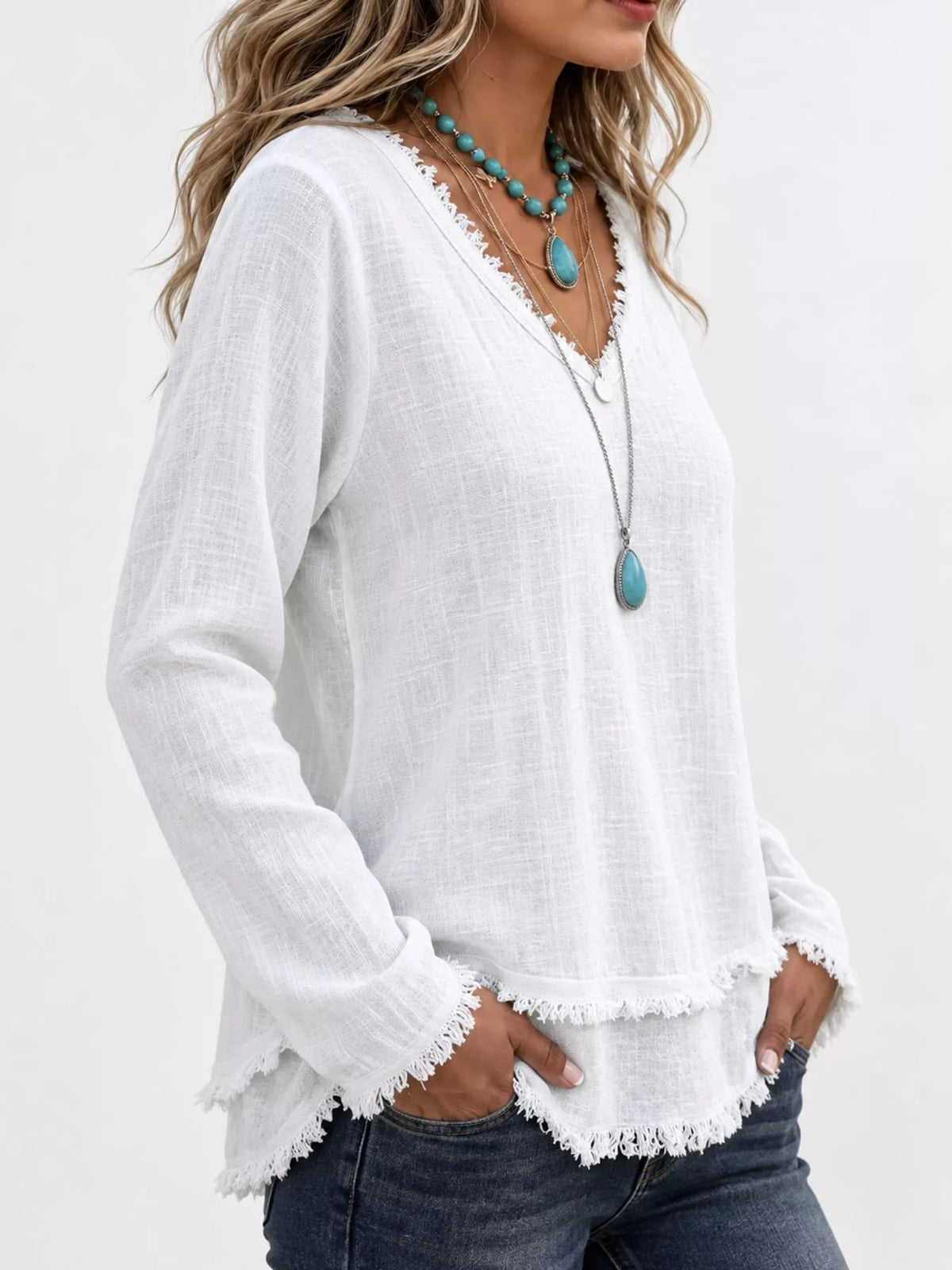 Frayed V-neck blouse, white side