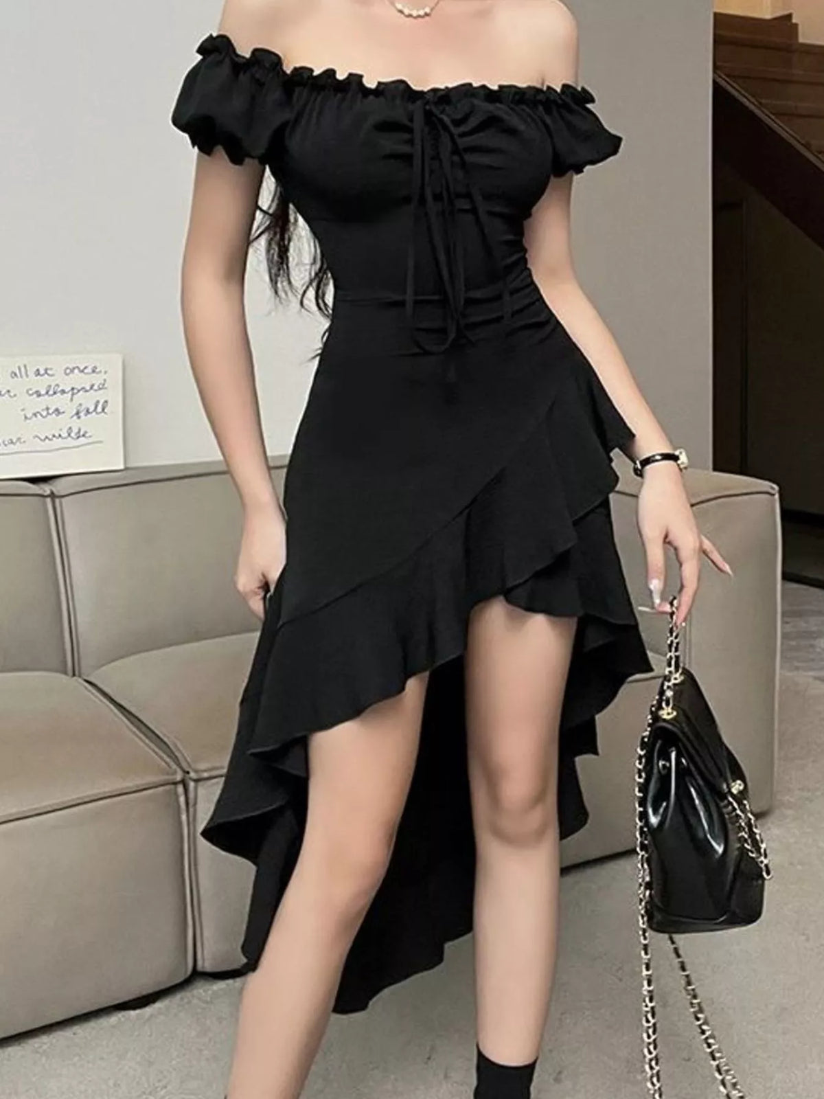 Off-shoulder short sleeve dress, front view on model