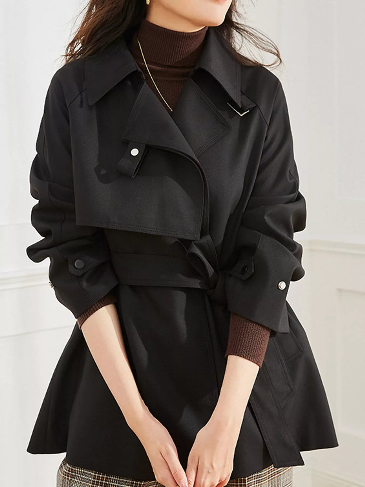 Double-Breasted Tie Waist Trench Coat in black