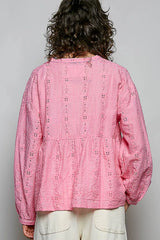 Trendsi POL Eyelet Lace Split Neck Gathered Empire Waist Cotton Blouse - Shirts