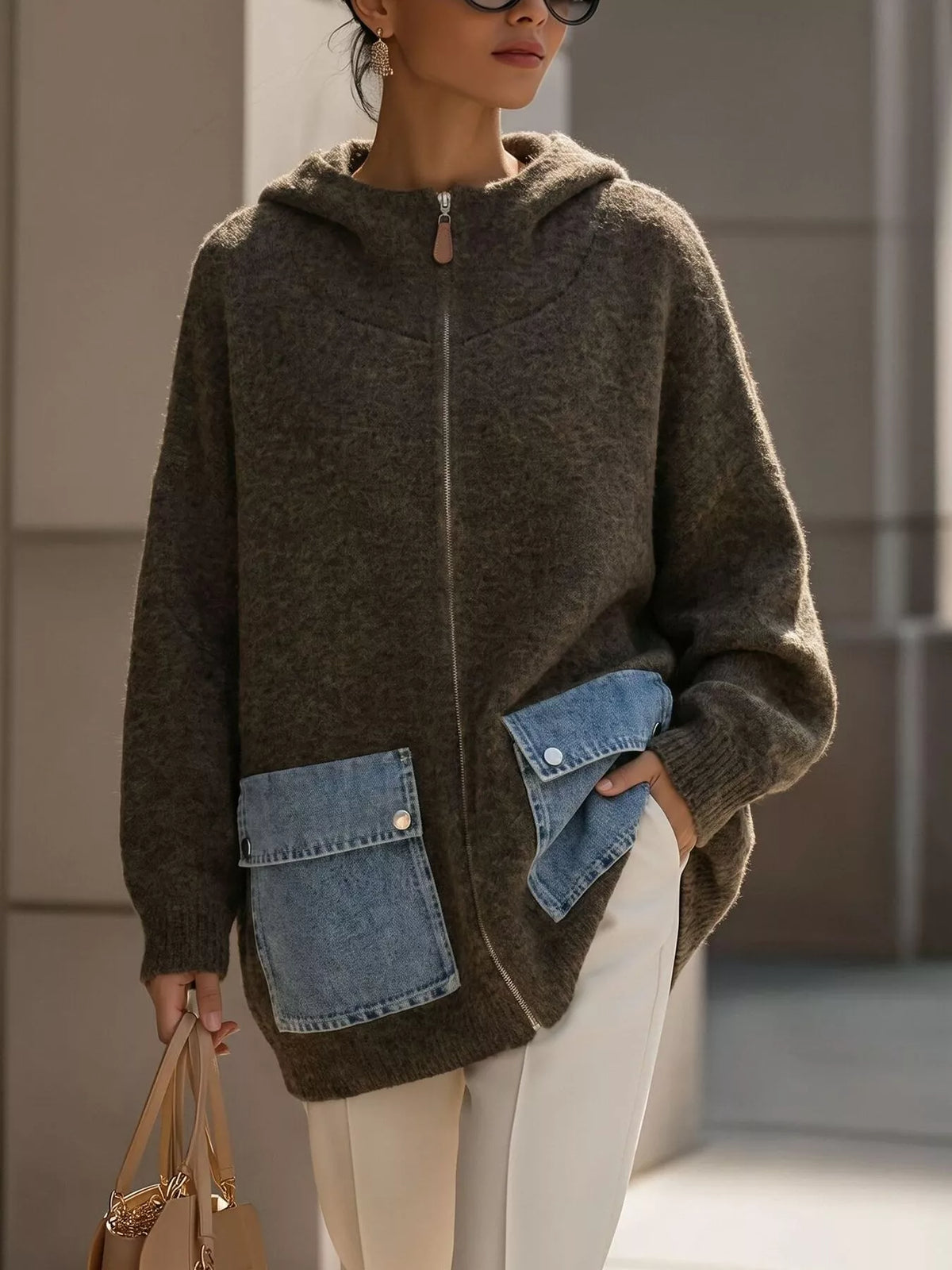 Army Green Contrast Denim Pockets Hooded Cardigan front view