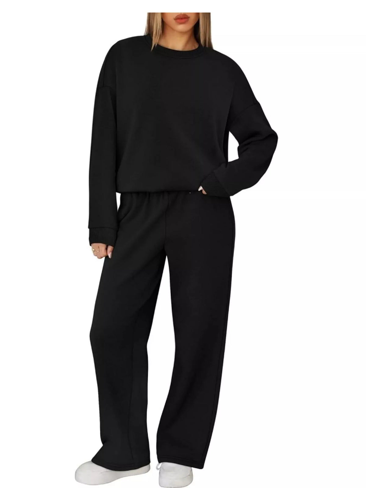 Crewneck Drop Shoulder Sweatshirt and Wide-Leg Pants Set — front view
