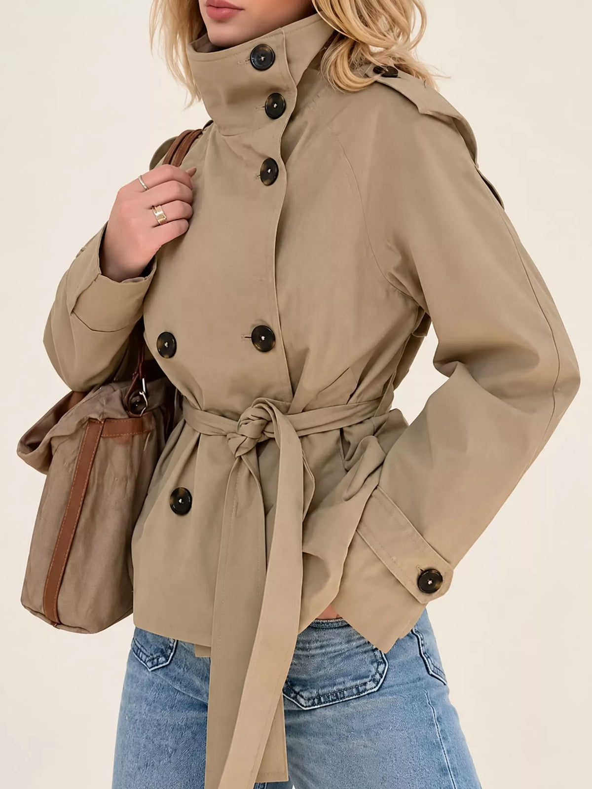Women's Double-Breasted Belted Trench Coat in beige — front view