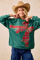 Trendsi BiBi Plaid Ribbon Bow Detail Christmas Fleece Pullover -