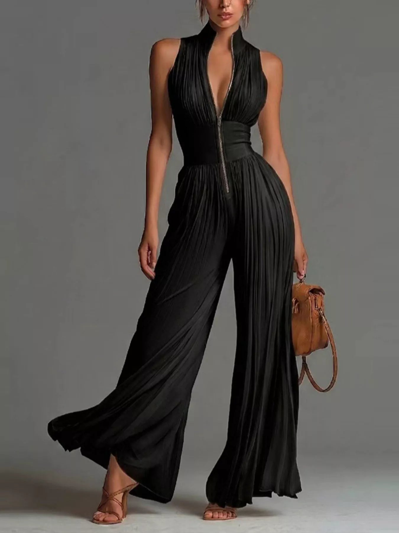 Trendsi Sleeveless Pleated Wide-Leg Jumpsuit with Front Zipper -