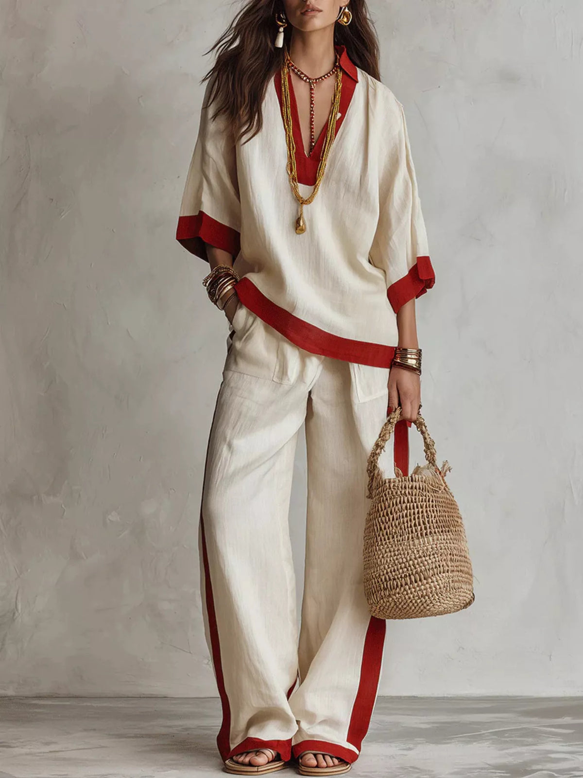 Contrast Trim Top and Wide Leg Pants Set in beige, front view