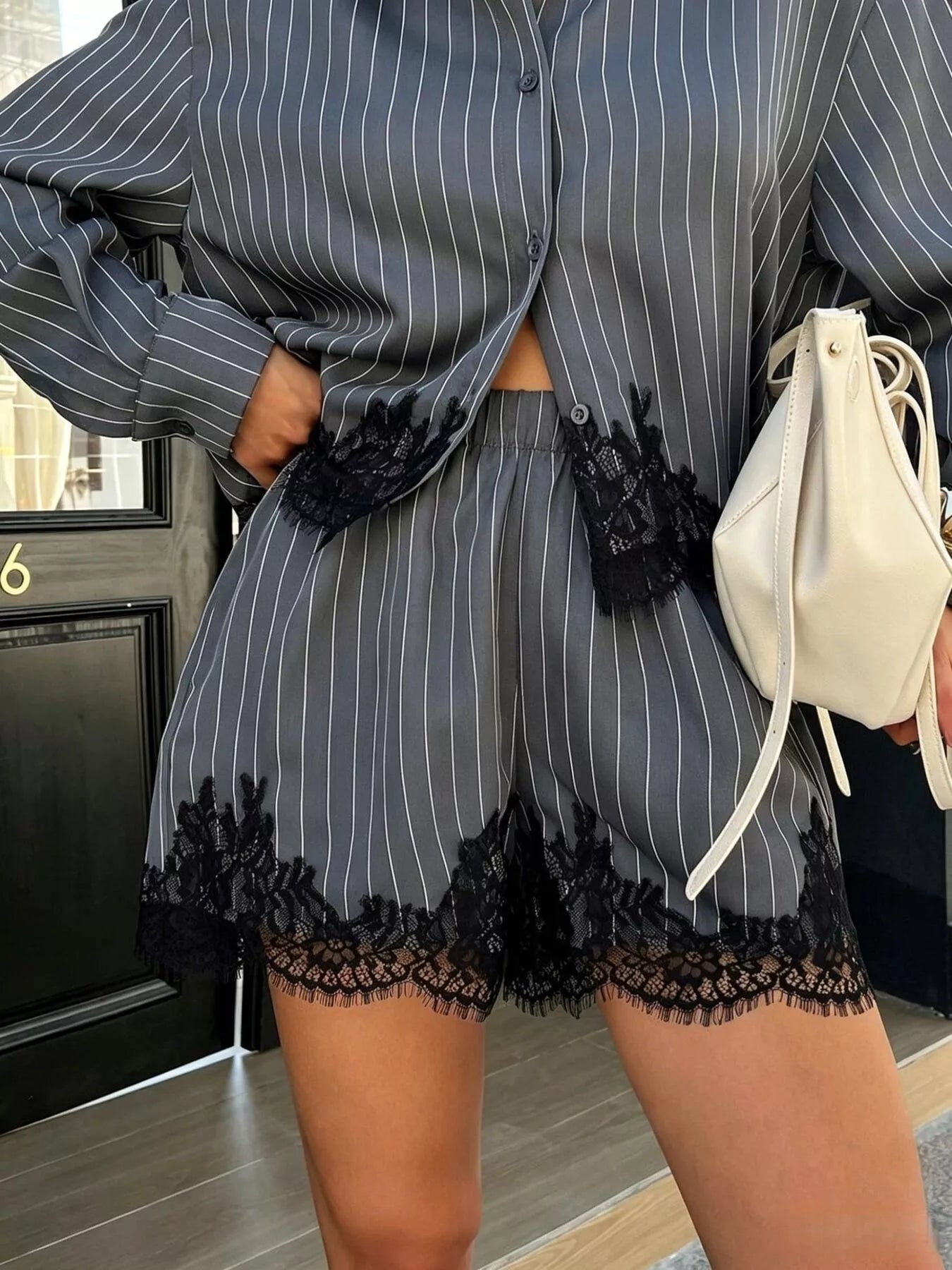 Trendsi Lace Trim Striped Button-Down Shirt and Shorts Set -
